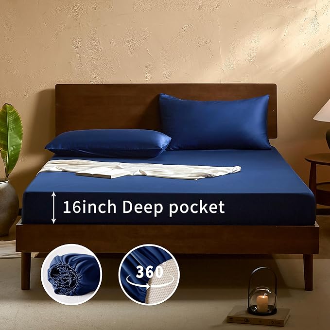 EVERLY Full Sheets Set,Luxuriously 400 Thread Count Organic Viscose Derived from Bamboo Bed Sheet,Cooling Sheets for Full Size 4 Piece Deep Pockets Bedding Sheets &Pillowcases-Navy Blue