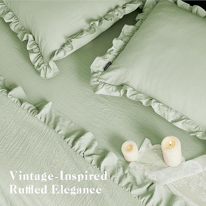 MR&HM Light Green Ruffle Comforter Set, Twin Comforter Sets for College Dorm,Boho Bed in a Bag Set 5 Pieces with 1 Comforter,1 Flat Sheet, 1 Fitted Sheet,1 Pillowcases & 1 Pillow Shams