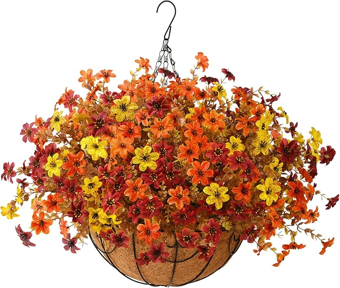 Artificial Flowers Fall Hanging Basket Plants for Outdoor Decorations, Fake Mums Faux Silk Flower UV Resistant Autumn Decor for Outside Garden Patio Front Porch Balcony Window (Orange Brown Yellow)