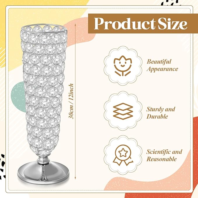 Rtteri 4 Pcs 12 Inch Tall Crystal Vase for Centerpieces Wedding Metal Crystal Trumpet Flower Vase Stand for Table Floor Wedding Party Favor Banquet Celebration, Classic Elegance(Silver)