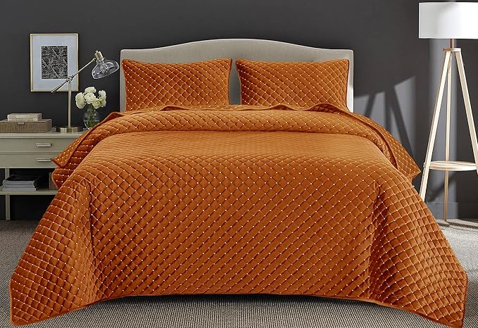 Velvet Quilt King Size, Luxury Reversible Coverlet Bedspread with Plaid Quilting for All Seasons, Lightweight King Size Quilt Bedding Set with Pillow Shams, Tangerine