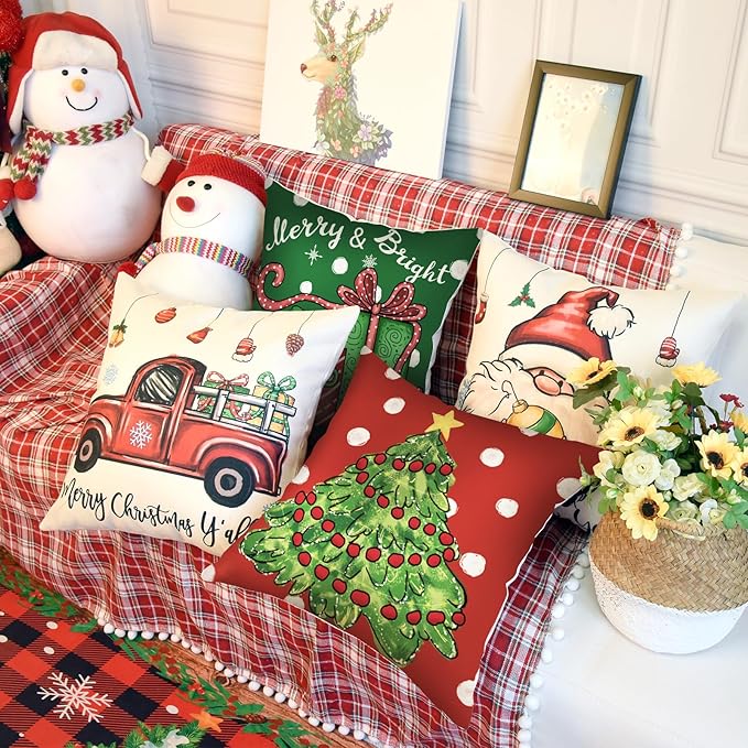 Coliuso Christmas Throw Pillow Covers 18x18 Set of 4 Xmas Series Holiday Cushion Pillow Cover Christmas Decorations for Sofa Couch Bed Farmhouse Outdoor Living Room (Red and Green)
