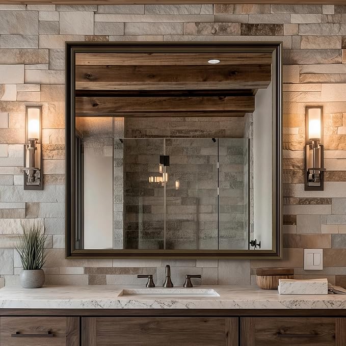 Retro Copper Effect Framed Wall Mirror, 36x36 Rectangle Mirror, 1/8"Anti-desilvering Tempered Glass, Sustainable&Sturdy Frame, Anti-Rust, HD Reflection &3min Fast Setup for Bathroom Living Room