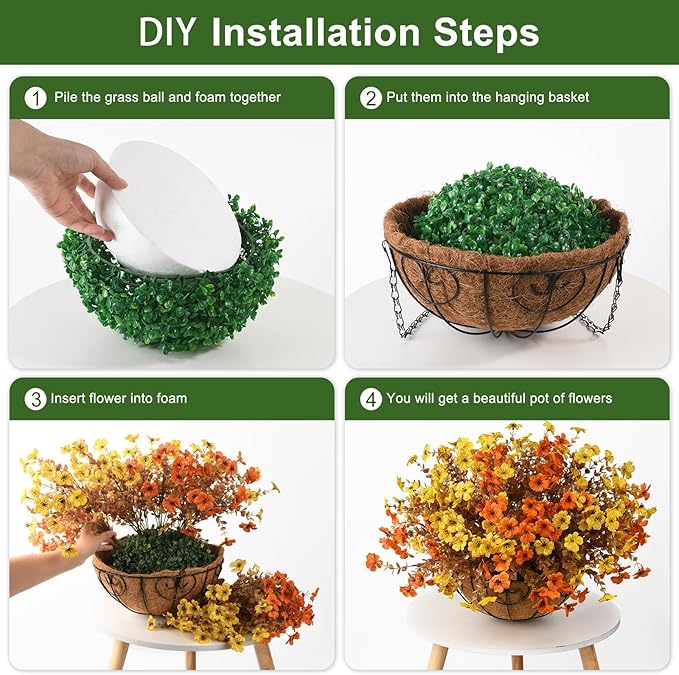 Artificial Fake Hanging Baskets Fall Flowers for Outdoors Autumn Decoration, 12 PCS Faux Daisy Silk Plants Outside UV Resistant Look Real Yard Patio Front Porch Balcony Home Decor (Orange Yellow)