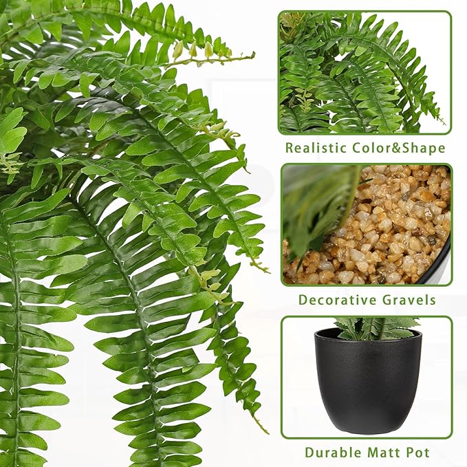 Hollyone Artificial Fern Plants in Pot 25.5" Artificial Boston Fern 31 Leaves for Outdoors & Indoor Faux Potted Plant Fake Ferns Bush Plant for Patio Garden Farmhouse Porch Home Decor Green
