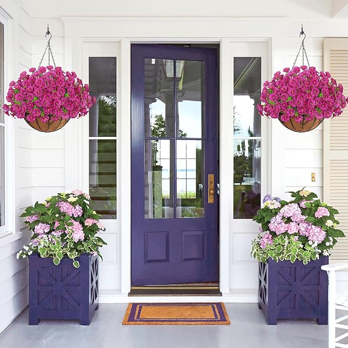 KHOYIME Artificial Hanging Flowers Plants Basket for Outdoors Indoor, 2 Set Faux Silk Fuchsia Morning Glory Fake Eucalyptus Planters UV Resistant Spring Summer Decorations for Home Garden Porch Patio