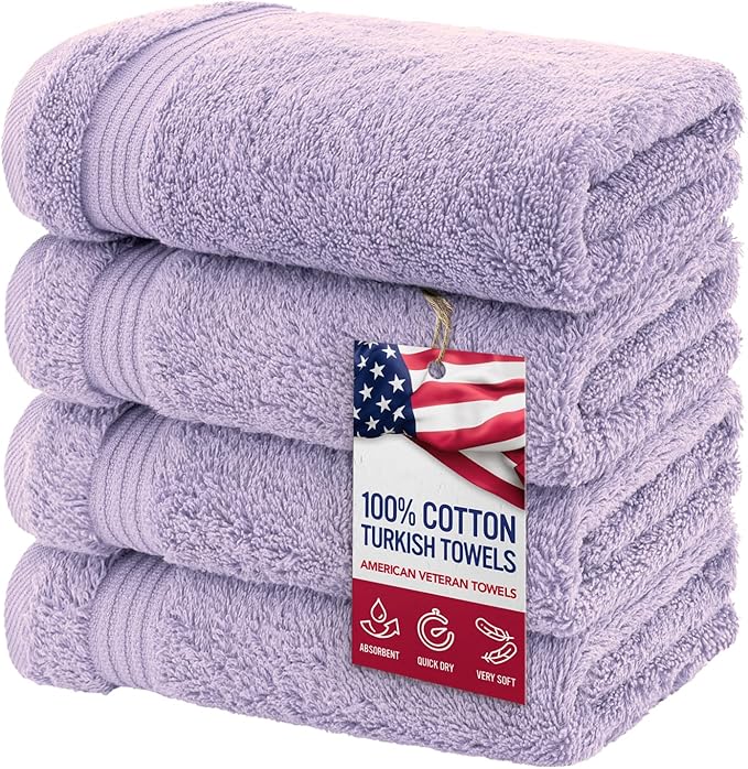 American Veteran Towel, Hand Towels for Bathroom Set of 4, 100% Cotton Turkish Hand Towel Sets Clearance Prime, Soft Hand Face Towels, Lilac Hand Towels
