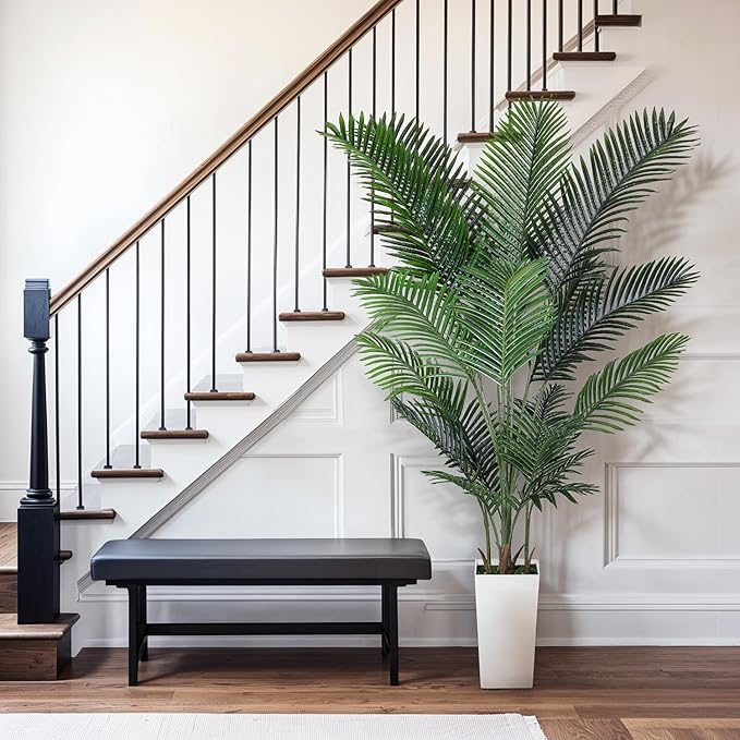 Artificial Areca Palm Tree 7FT Fake Potted Plant Faux Silk Tropical Areca Palm Real Bark Design, Large Artificial Plant in Tall White Pot for Home Living Room House Warming Floor Decor