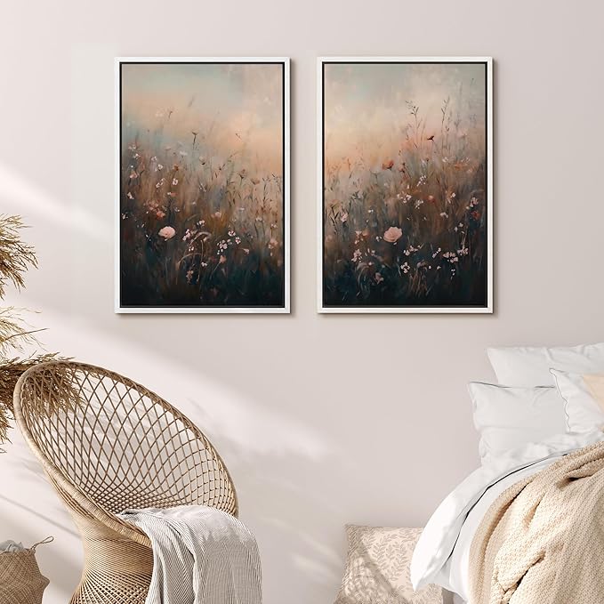 MUDECOR Framed Canvas Print Wall Art Forest and Lake Landscape Vintage Nature Scenery Illustrations Modern Art Decorative Bohemian Chic for Living Room, Bedroom, Office - 24"x36"x2 White