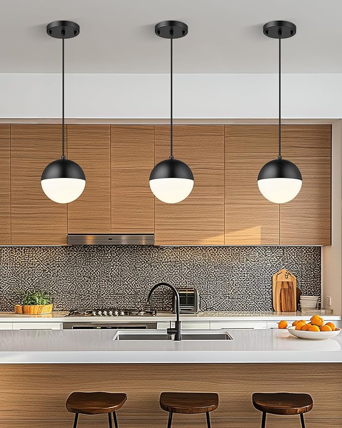 LMS Mid Century Pendant Lights, Matte Black Kitchen Island Light Fixtures with White Globe Glass Shade, Adjustable Hanging Cord, 3 Pack for Home Office Dining Room Bathroom, LMS-186PL-BKWS3PK