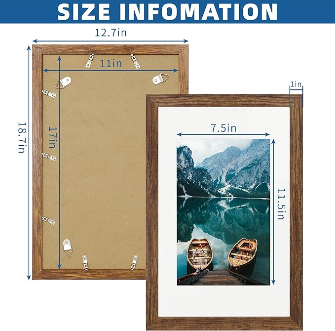 11x17 Frame Set of 2, Rustic Brown Wood Style - Display 11 x 17 Poster without Mat or 8x12 Picture with Mat, Wall Mounting Horizontal and Vertical