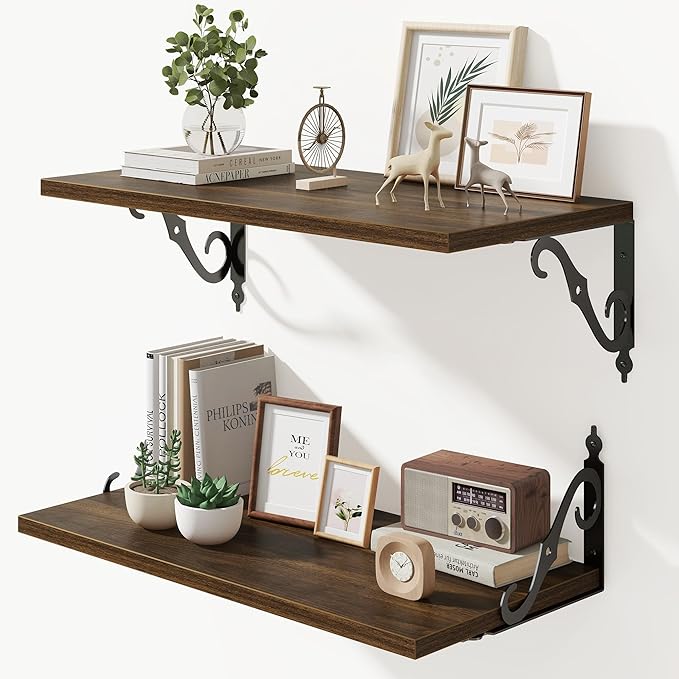 Floating Shelves for Wall, 24"W x 8"D Wall Shelves, 12 Inch Deep Floating Shelf with Bracket, 24 Inch Floating Shelves for Living Room and Bathroom, Display & Storage Shelves, Walnut, Set of 2