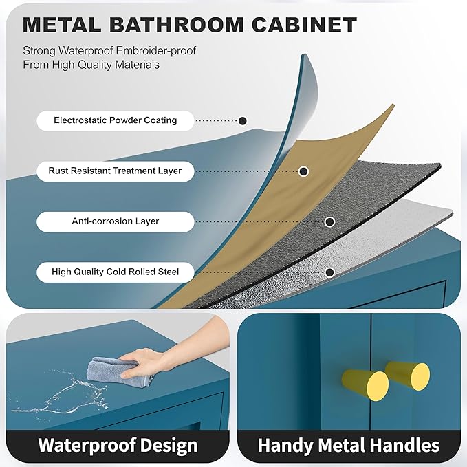 Metal Bathroom Storage Cabinet,Bathroom Floor Storage Cabinet with 2 Adjustable Shelves and 2 Doors,Freestanding Sideboard for Small Spaces, Living Room, Home Office, Dining Room