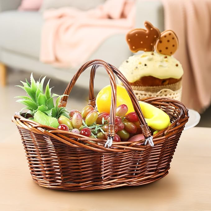 Wesiti 6 Pcs Wicker Picnic Basket with Handle, Hand Woven Harvest Basket Bulk, Wicker Flower Hoppet for Storage, Picnics, Easter, Organizing, Egg Gathering, Candy, Wedding(Dark Brown)