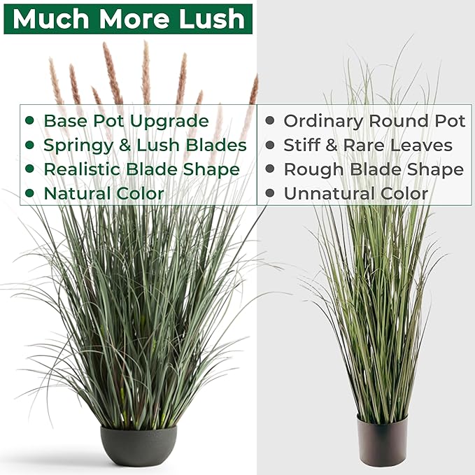 4ft Onion Grass, Artificial Plant and Greenery, Fake Floor Plants Indoor Outdoor, 48in Faux Horsetail Reed Grass with 10 Pink Flower Crowns, Potted, House Decorative