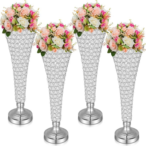 Rtteri 4 Pcs 20 Inch Tall Crystal Vase for Centerpieces Wedding Metal Crystal Trumpet Flower Vase Stand for Table Floor Wedding Party Favor Banquet Celebration, Classic Elegance (Silver)