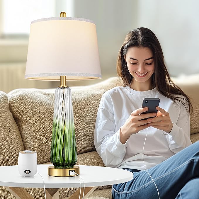 Glass Table Lamps for Living Room, Modern Bedside Lamps with USB A+C Ports, 3-Way Dimmable Touch Control Nightstand Lamp with White Linen Shade, 27.5" Large Lamps for Bedrooms Decor, Green, 1 Pack