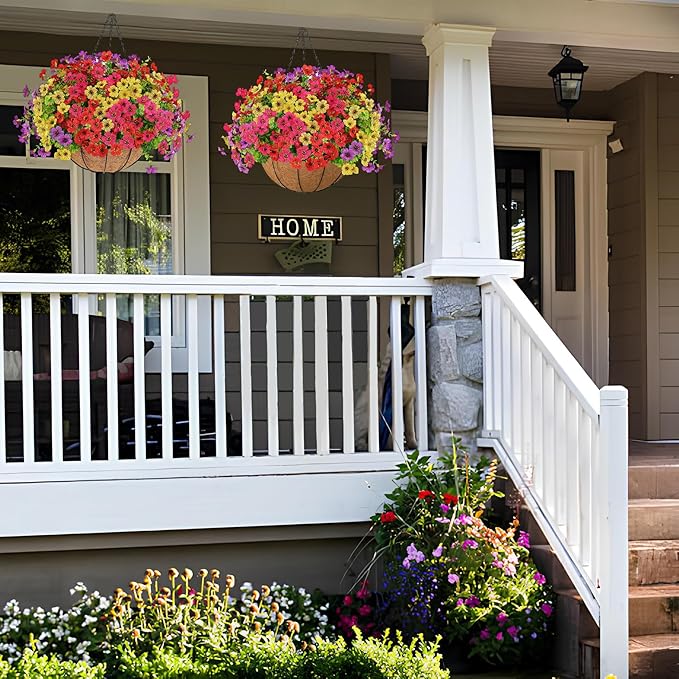 Orgrimmar Artificial Hanging Flowers Basket Outdoor Fake Hanging Plants UV Resistant Realistic Silk Flowers Eucalyptus in Coconut Lining Baskets for Home Porch Balcony Patio Yard Muti-Color