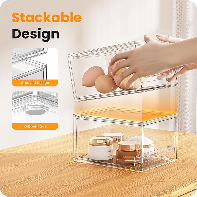 【𝟮𝗣𝗖𝗦】A-LUGEI Acrylic Stackable Storage Drawers, 7.5"L Makeup Organizer, Bathroom Organizer and Storage, Plastic Storage Bins for Kitchen Cabinet Pantry Medicine Fridge