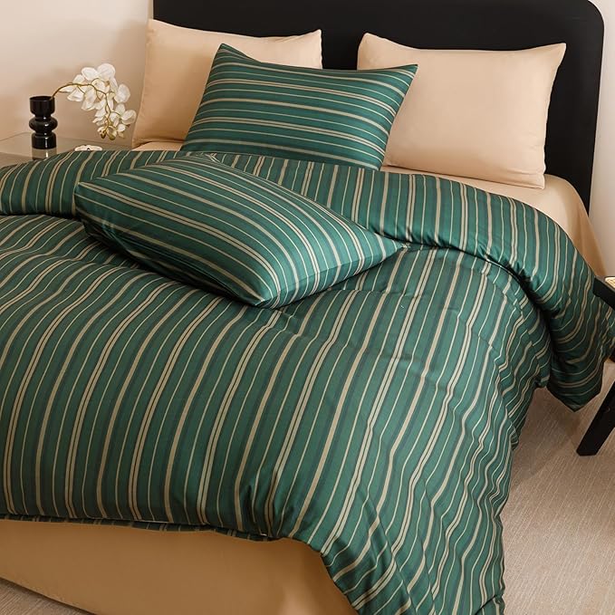 CLOTHKNOW Green Striped Twin/Twin XL Comforter Set 3Pcs Green Khaki Black Bedding Comforter Sets Ticking Farmhouse Comforter with 2 x Pillow Cases