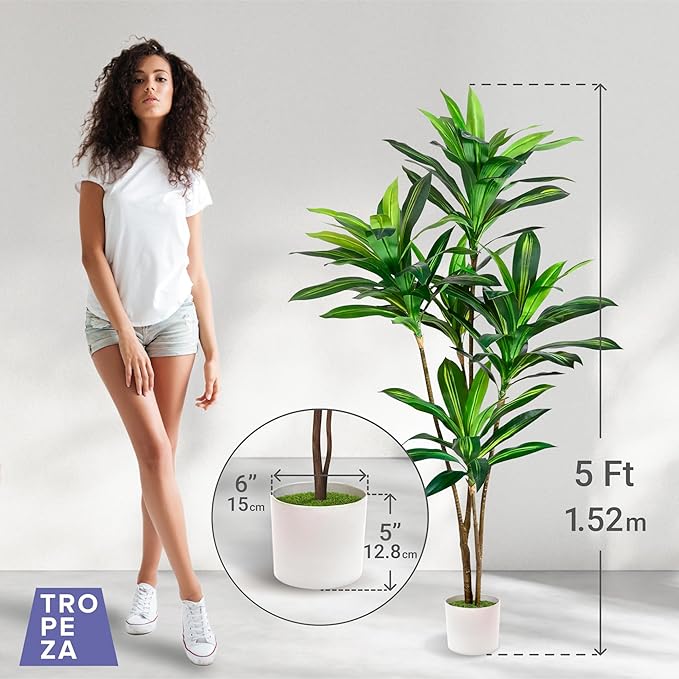 Tall Fake Dracaena Plant, 5 Foot Height | Realistic Artificial Tree for Modern Home & Office Decor | Maintenance-Free Indoor Faux Plant