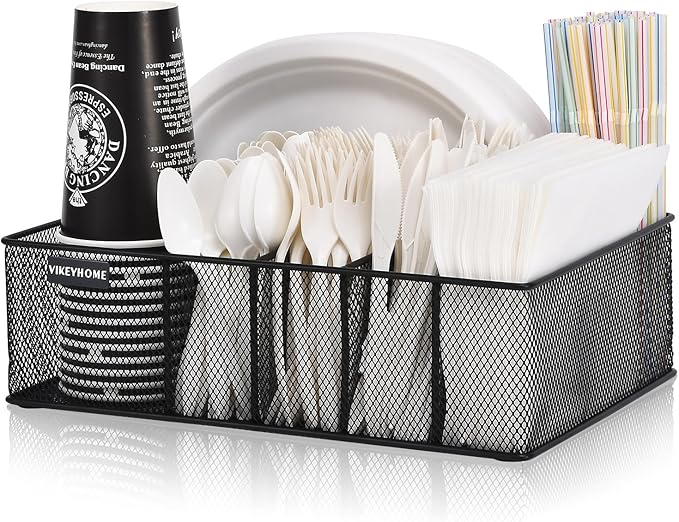 Paper Plate Organizer for Countertop, Metal Silverware Caddy with 6 Compartments for Cup, Napkin, Utensil Holder Caddy for Party, Camping, Picnic