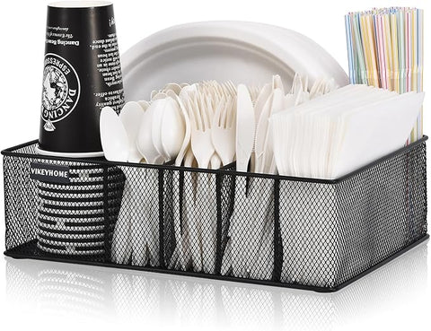 Paper Plate Organizer for Countertop, Metal Silverware Caddy with 6 Compartments for Cup, Napkin, Utensil Holder Caddy for Party, Camping, Picnic