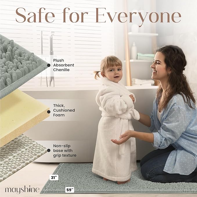 MAYSHINE Plush Shaggy Chenille Bath Mat | Extra Soft, Super Absorbent, Non-Slip Bathroom Rug | Fluffy Microfiber, Area Rug Sets for Bathroom Floor, Kitchen, Living Room | 59"x31" | Sage Green