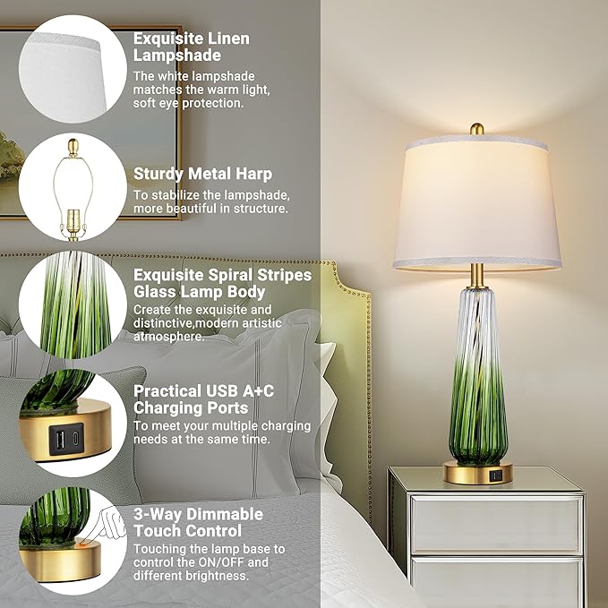 Glass Table Lamps for Living Room, Modern Bedside Lamps with USB A+C Ports, 3-Way Dimmable Touch Control Nightstand Lamp with White Linen Shade, 27.5" Large Lamps for Bedrooms Decor, Green, 1 Pack