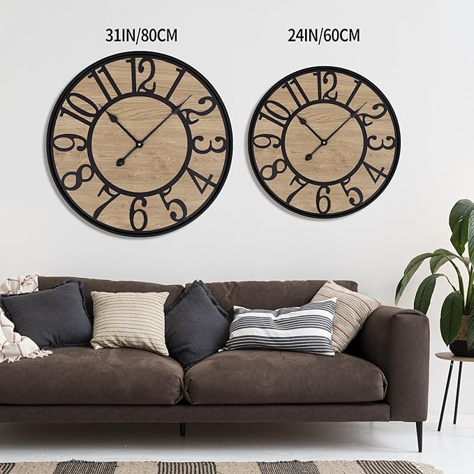 LEIKE Extra Large Wall Clock,Silent Little Ticking,Battery Operated Round Modern Wood Wall Clocks for Living Room, Bedroom,Farmhouse,Office Vintage Big Home Decor-32 -Arabic Number