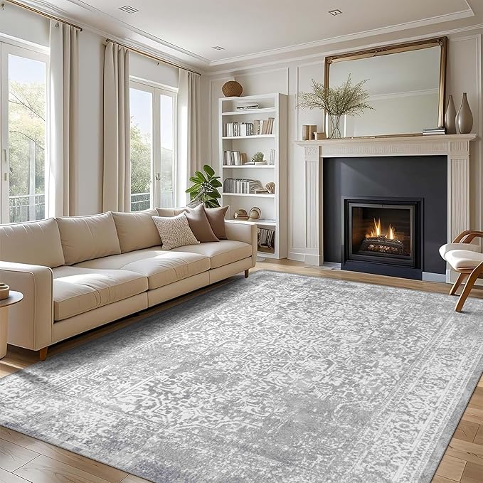 vivorug 8x10 Neutral Area Rugs, Stain Resistant Washable Rug for Living Room, Vintage-Inspired (Ivory/Silver, 8'x10')