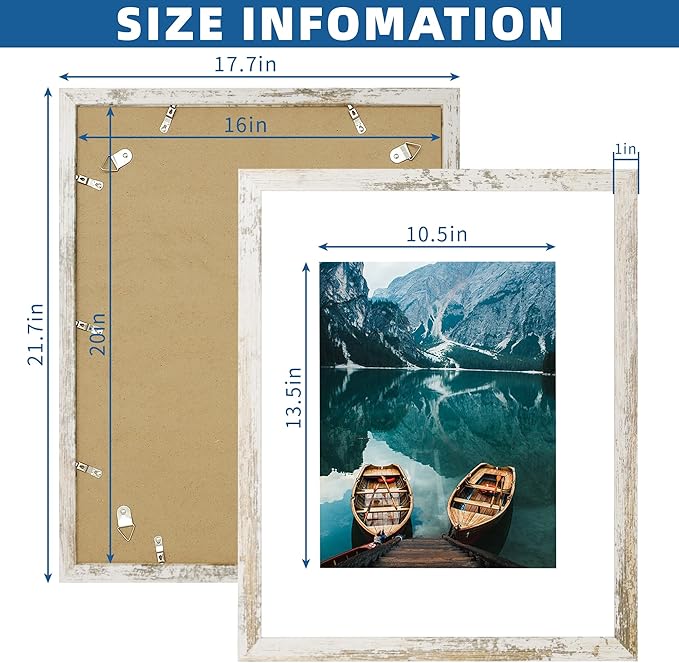 16x20 Frames Set of 2, Distressed White Wood Style - Display 16 x 20 Picture without Mat or 11x14 Picture with Mat, Wall Mounting Horizontal and Vertical