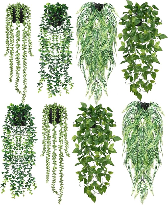 Jexine 8 Pcs Artificial Hanging Plants with Pot Fake Potted Plants Greenery Plastic Faux Eucalyptus Vine Wall Decor for Home Room Office Indoor Outdoor Shelf Patio Garden Decor