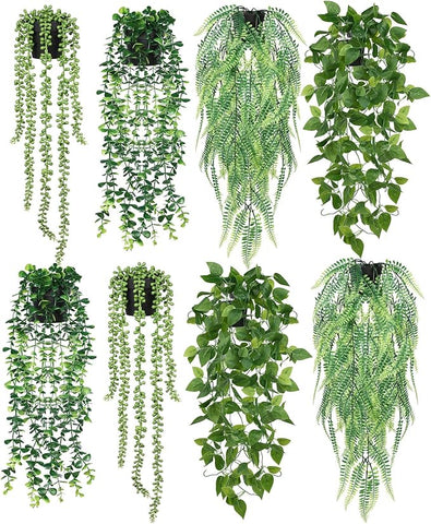 Jexine 8 Pcs Artificial Hanging Plants with Pot Fake Potted Plants Greenery Plastic Faux Eucalyptus Vine Wall Decor for Home Room Office Indoor Outdoor Shelf Patio Garden Decor