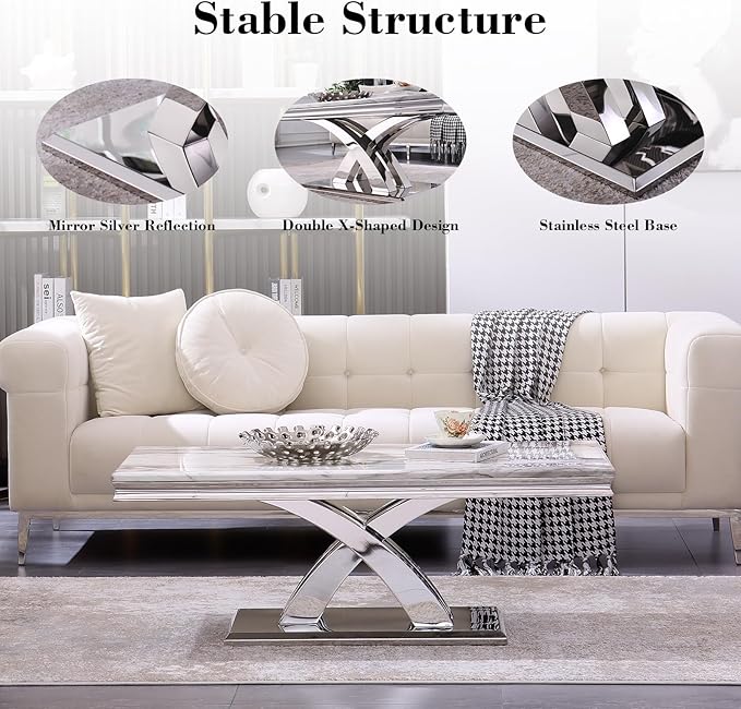AUZ Coffee Table, Silver and White Coffee Table with Polished Silver X Base, Luxury Rectangle Center Table for Living Room,Tea, Guest Hall, Sofa, Reception Room,Office