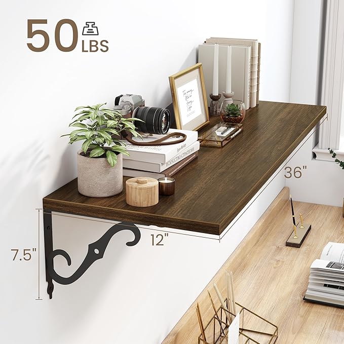 36 Inches Floating Shelves, Rustic Long Wall Shelves, 12 Inch Deep Book Shelf Wall Mounted with Bracket, Wide Display & Storage Shelves for Living Room, Bathroom, Bedroom, Walnut, Set of 2