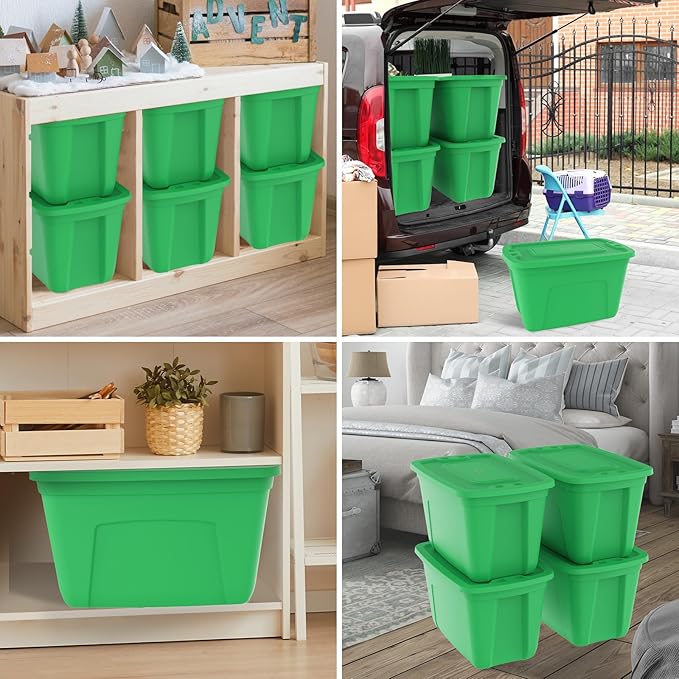 Storage Totes with Lids - Made in USA 18-Gallon (72-Quart) 4-Pack storage bins with lids plastic storage containers large storage boxes for Organizer Green/Green