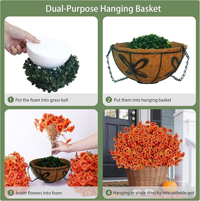 Agusbagli Artificial Hanging Fall Flowers with Baskets for Outdoors Fake Hanging Autumn Plants UV Resistant Faux Orange Flowers in Basket Decor for Porch Patio Garden Yard Window Home Fall Decor