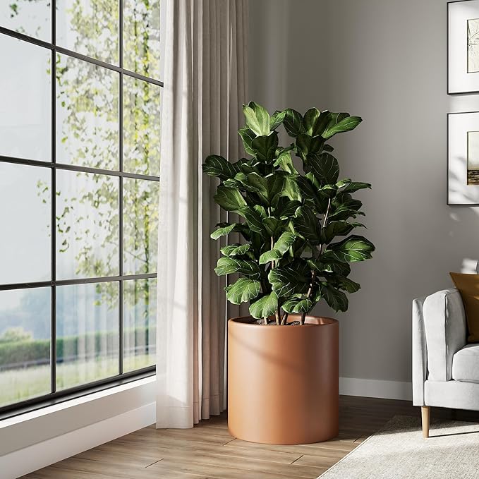 DTY Signature Mount Powell Fiberstone Planter - 20 Inch Jumbo Terracotta Cylindrical Mid-Century Modern Home Decor Indoor & Outdoor Plant Pot - Durable Planters for Indoor Plants, Outdoor Spaces
