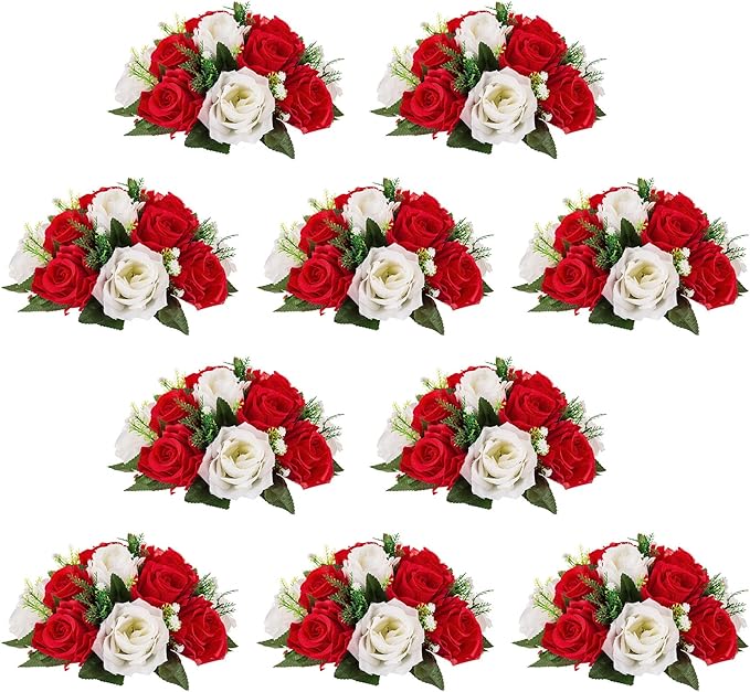 NUPTIO Pcs of 10 Fake Flower Ball Arrangement Bouquet,15 Heads Plastic Roses with Base, Suitable for Our Store's Wedding Centerpiece Flower Rack for Parties Valentine's Day Home Décor (Red & White)