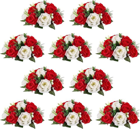 NUPTIO Pcs of 10 Fake Flower Ball Arrangement Bouquet,15 Heads Plastic Roses with Base, Suitable for Our Store's Wedding Centerpiece Flower Rack for Parties Valentine's Day Home Décor (Red & White)