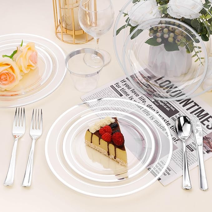 100PCS Clear Plastic Plates for Party, 7 Inch Heavy Duty Dinner Plates with Silver Rim, Disposable Plates for Wedding and Birthday