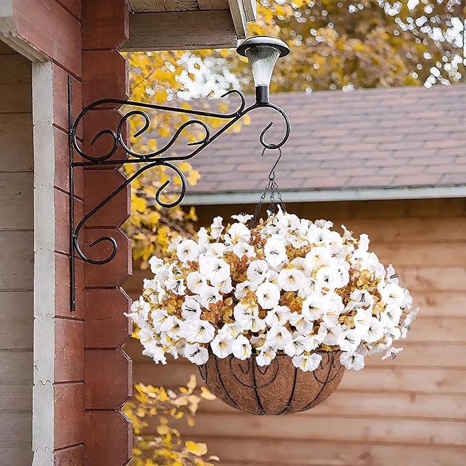 Artificial Fall Hanging Flowers in Basket, 12 Bundles Faux Silk Morning Glory Plants Realistic UV Resistant Fake Outdoor Flower for Planters Home Decor Outside Garden Yard Patio, Fall White