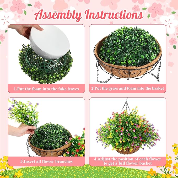 Lyrow 4 Pack Artificial Hanging Flowers with Baskets Outdoors Faux Flowers with 12 Inch Coconut Lining Baskets Realistic Artificial Hanging Plants for Patio Lawn Garden Decor