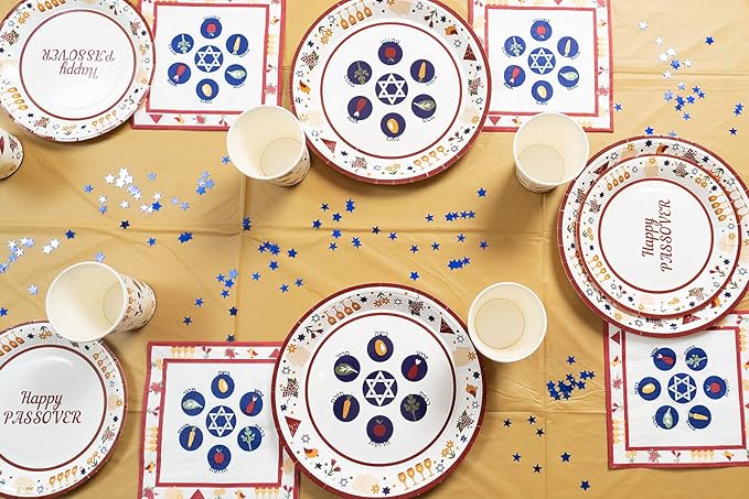 Traditional Passover Tableware Pack: Disposable Paper Plates, Napkins and Cups Set for 20