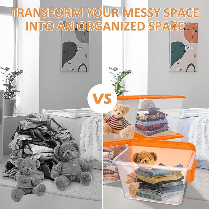 Storage Totes with Lids - Made in USA 14.5-Gallon (58-Quart) 4-Pack storage bins with lids plastic storage containers large storage boxes for Organizer Orange/Clear