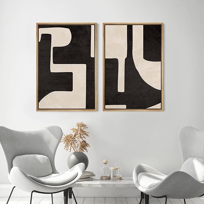 MUDECOR Framed Canvas Print Wall Art Black & White Geometric Paint Stroke Decor Abstract Nature Illustration Modern Art Decorative Multicolor Geometric Minimal for Bedroom - 24"x36"x2 Natural
