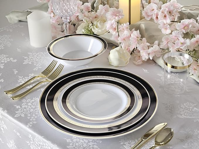 " OCCASIONS " 240 Plates Pack,(120 Guests) Heavyweight Premium Disposable Plastic Plates Set -120 x 10.5'' Dinner + 120 x 7.5'' Salad/Dessert (Ritz Black and Gold)