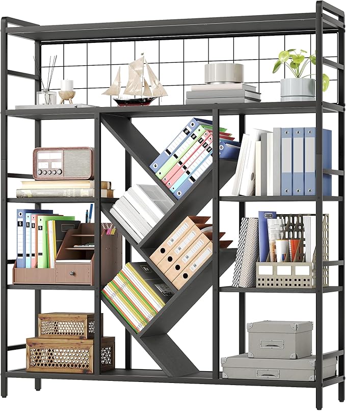 Industrial Triple 5-Tier Bookshelf, Large Wide Bookcase with 20 Open Display Shelves, Modern Tree Bookcase Metal Frame Bookshelf with Hanging Function for Living Room Home Office, Black