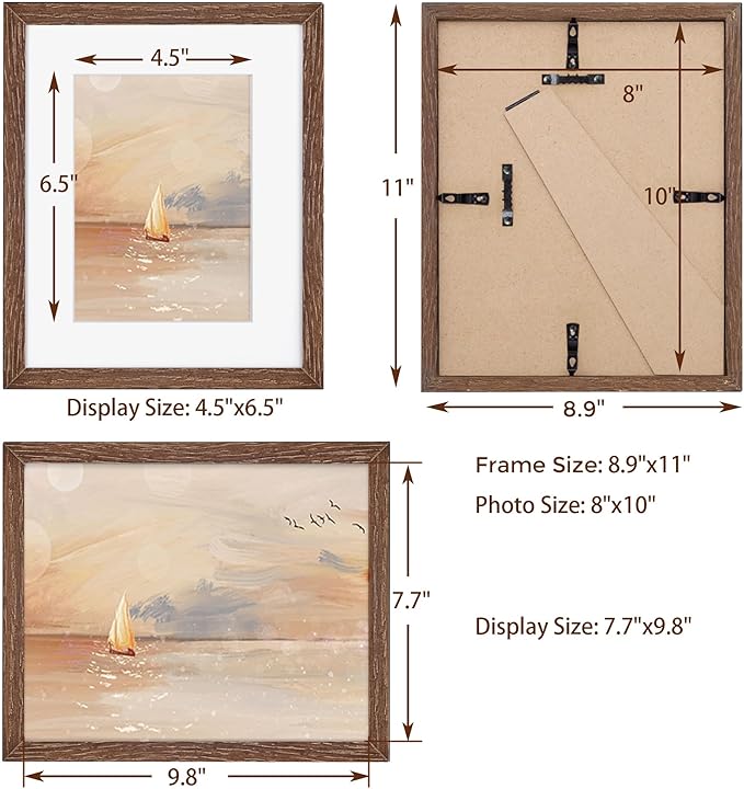 Solid Oak Wood Frame 8x10, 8 x 10 Frame Set of 3, 8"x10" Photo Frames with Stand, 8 by 10 Frame for Wall & Tabletop Display, 8x10 Wood Frame, Walnut Color